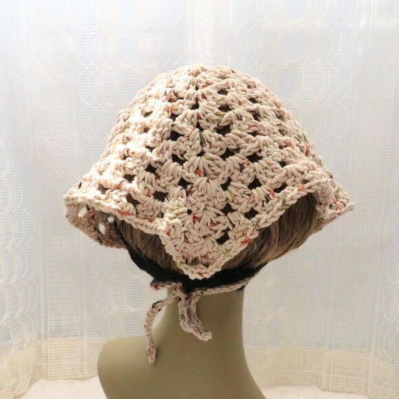 Beige Boho Style Crocheted Bandana, Cottage Core Hair Accessories, Festival Wear - Picture 6 of 8